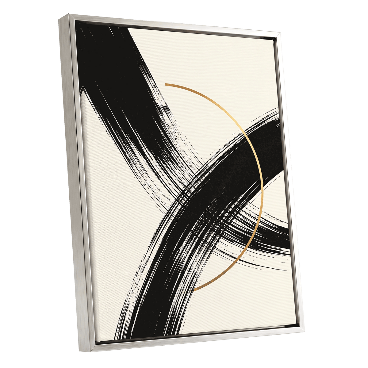 Gilded Intersection, black, beige, gold abstract wall art shown as a silver framed canvas wall art