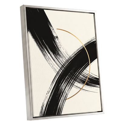 Gilded Intersection, black, beige, gold abstract wall art shown as a silver framed canvas wall art