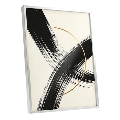 Gilded Intersection, black, beige, gold abstract wall art shown as a silver framed poster wall art print