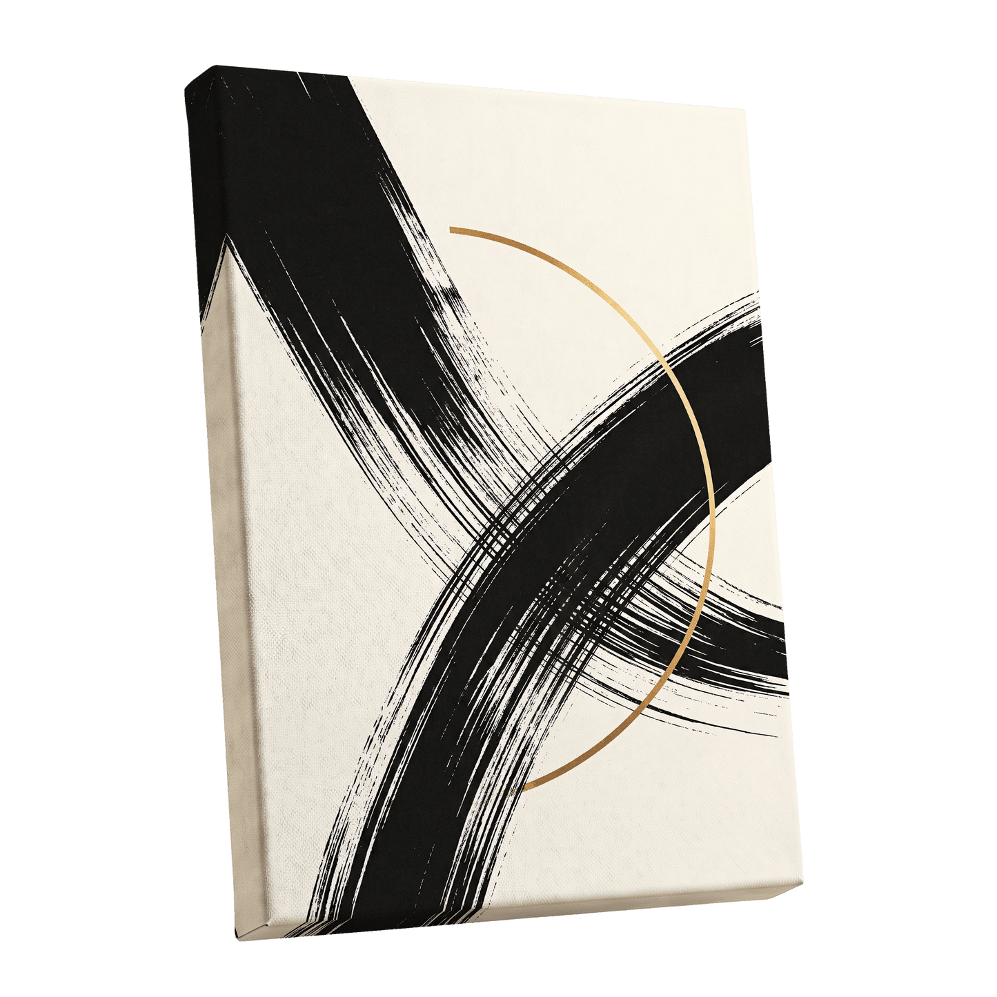 Gilded Intersection, black, beige, gold abstract wall art shown as a stretched canvas wall art
