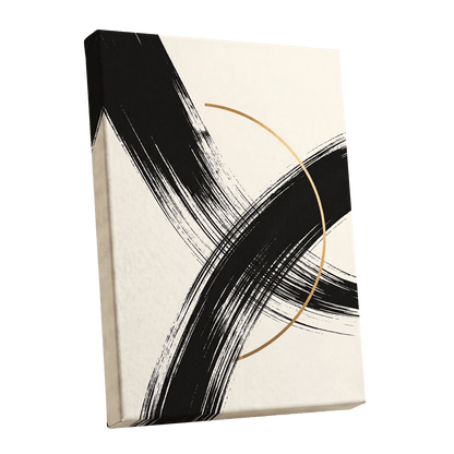 Gilded Intersection, black, beige, gold abstract wall art shown as a stretched canvas wall art