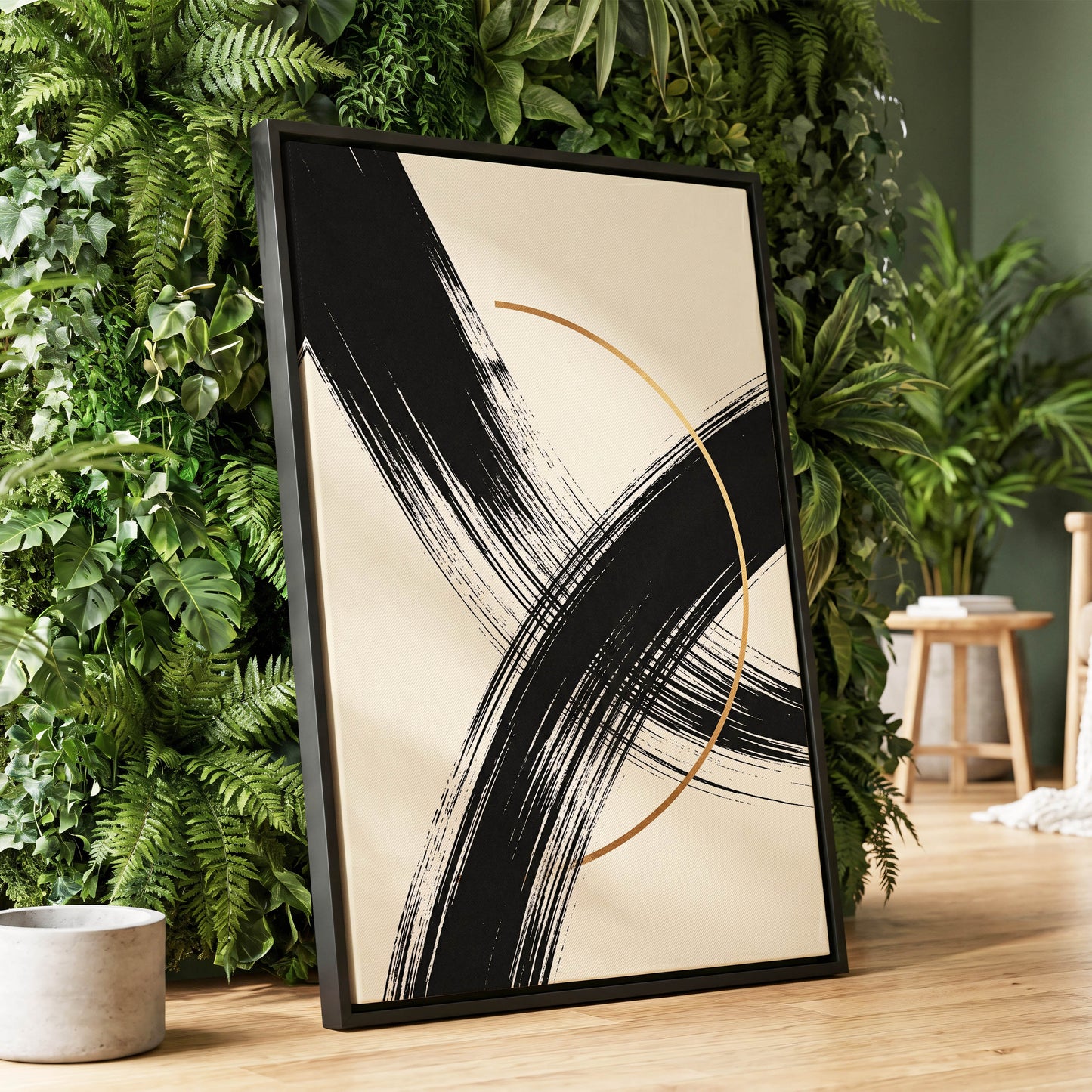 Gilded Intersection, black, beige, gold abstract wall art displayed in a styled interior, gallery view 1
