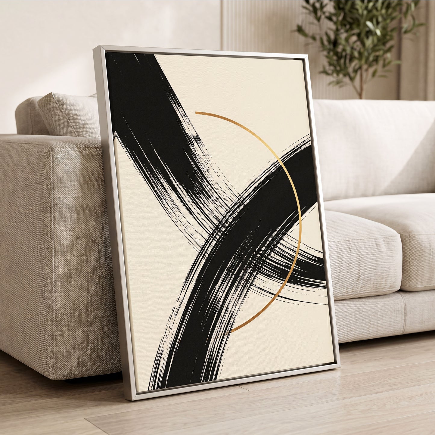 Gilded Intersection, black, beige, gold abstract wall art displayed in a styled interior, gallery view 2