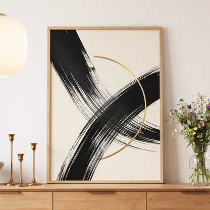 Gilded Intersection, black, beige, gold abstract wall art displayed in a styled interior, gallery view 5