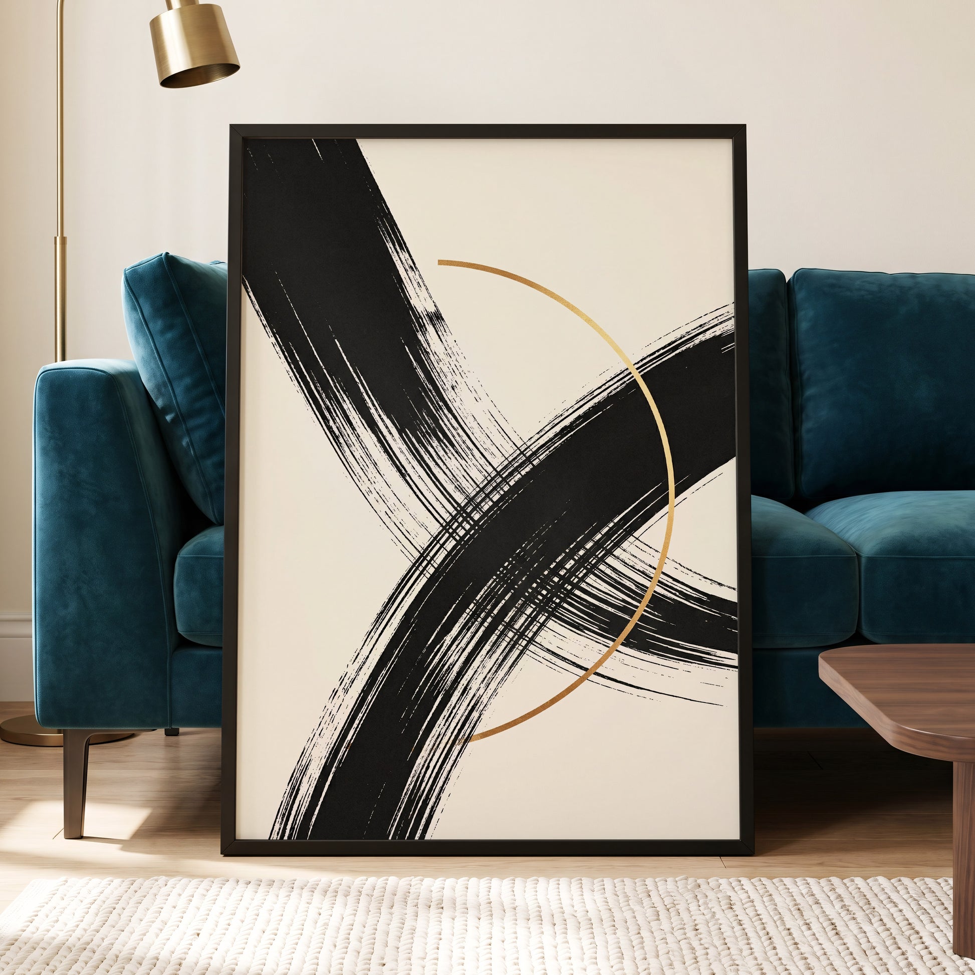 Gilded Intersection, black, beige, gold abstract wall art displayed in a styled interior, gallery view 6