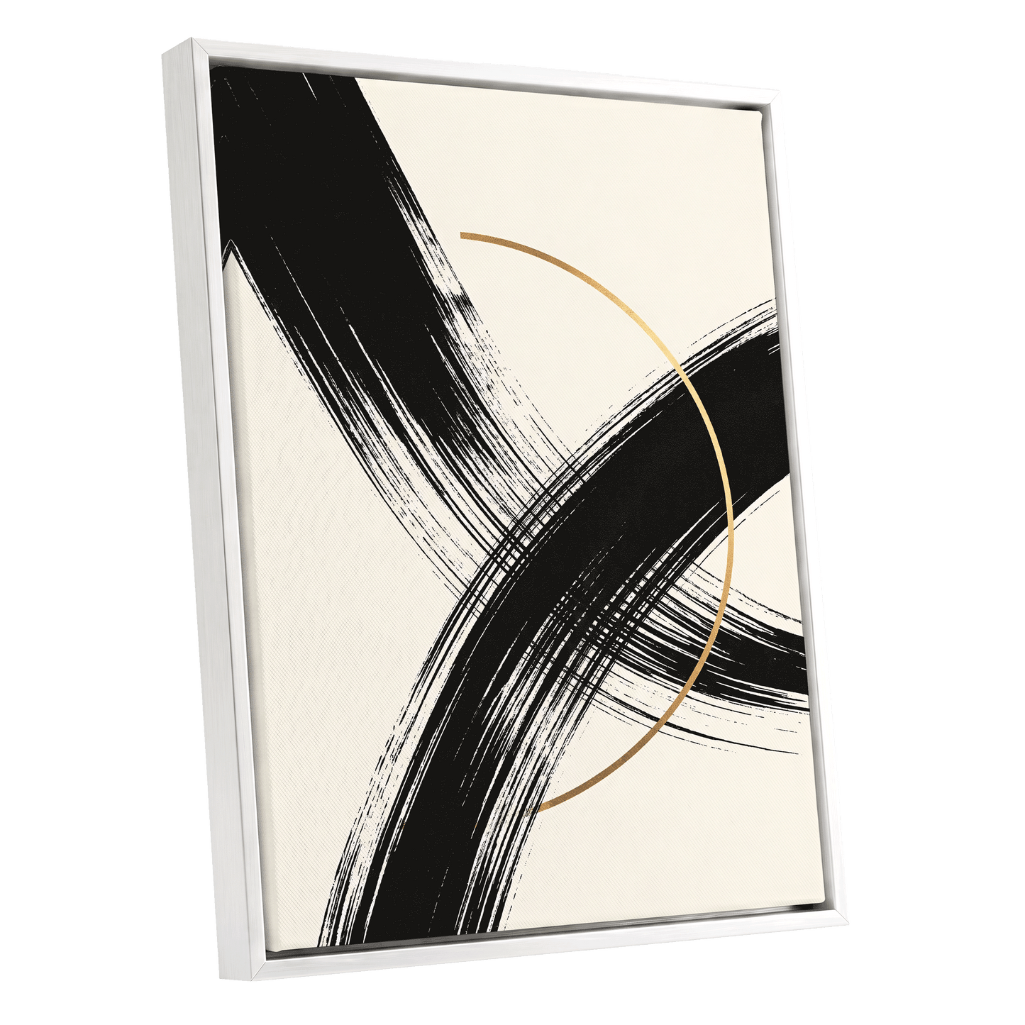 Gilded Intersection, black, beige, gold abstract wall art shown as a white framed canvas wall art