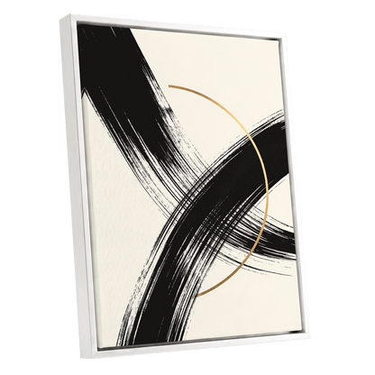 Gilded Intersection, black, beige, gold abstract wall art shown as a white framed canvas wall art