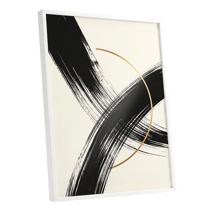 Gilded Intersection, black, beige, gold abstract wall art shown as a white framed poster wall art print