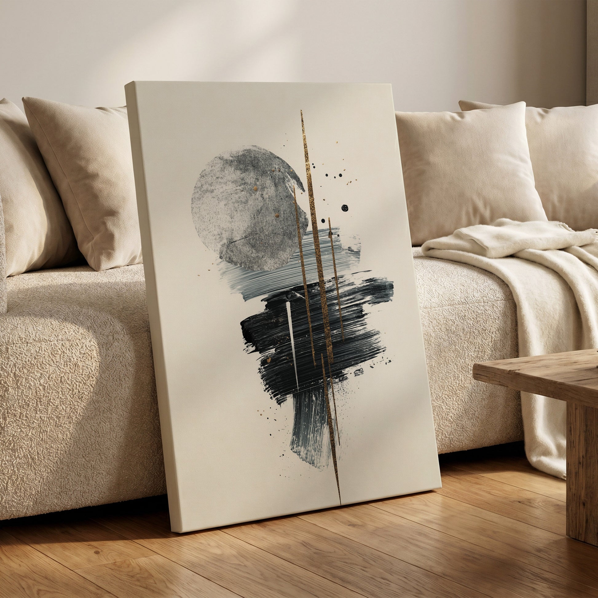 Gilded Intersections, black, gray, beige abstract wall art on canvas displayed in a styled interior, gallery view 1