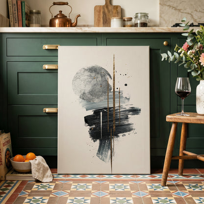 Gilded Intersections, black, gray, beige abstract wall art on canvas displayed in a styled interior, gallery view 2