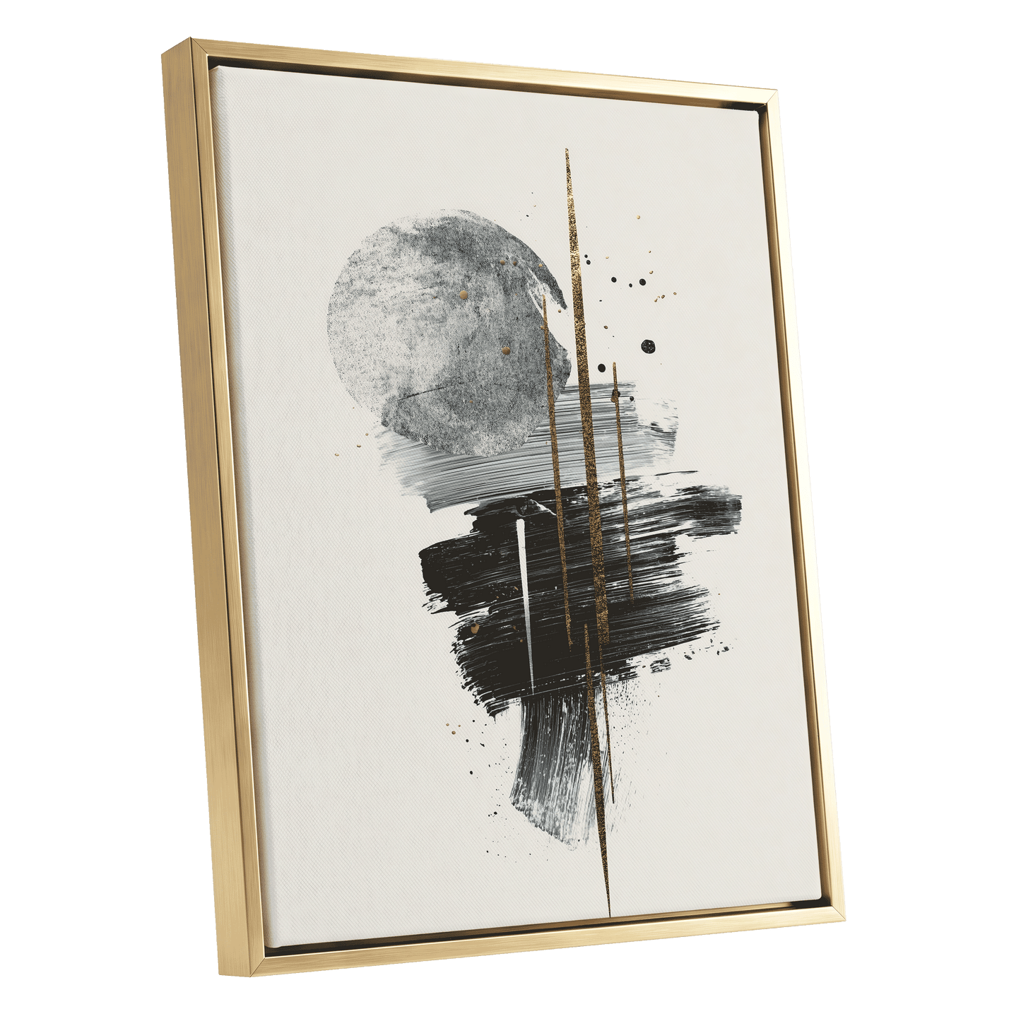 Gilded Intersections, black, gray, beige abstract wall art shown as a gold framed canvas wall art