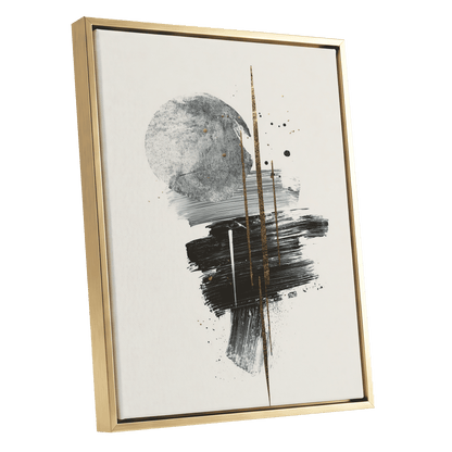 Gilded Intersections, black, gray, beige abstract wall art shown as a gold framed canvas wall art