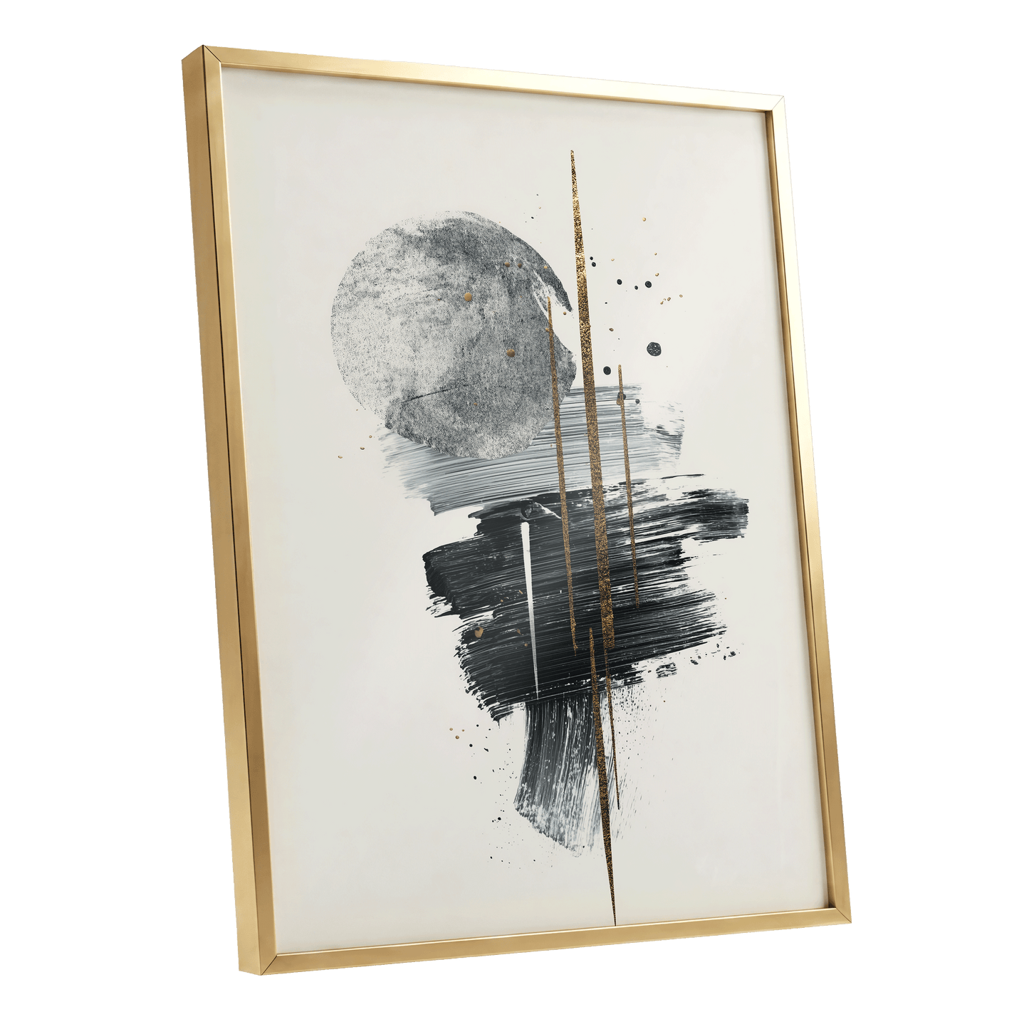 Gilded Intersections, black, gray, beige abstract wall art shown as a gold framed poster wall art print