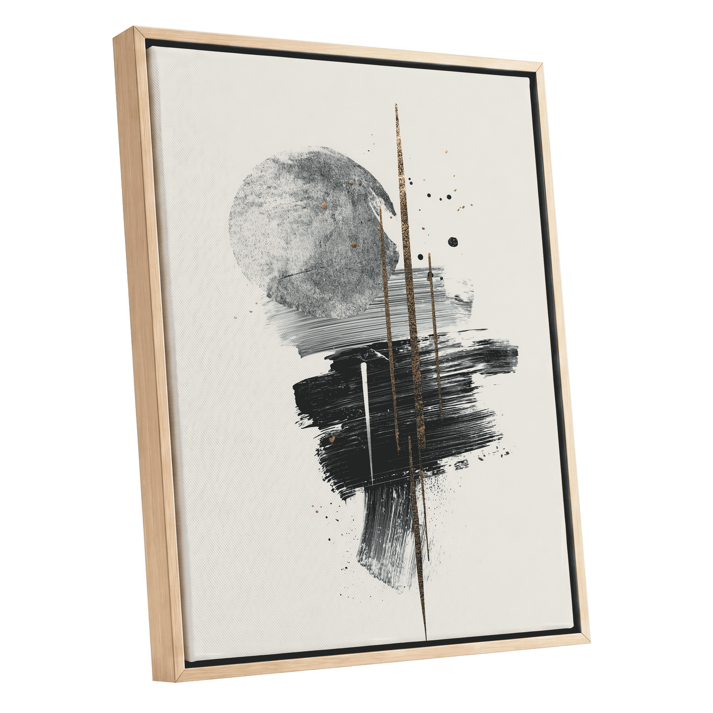 Gilded Intersections, black, gray, beige abstract wall art shown as a oak framed canvas wall art
