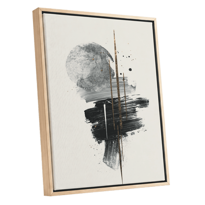 Gilded Intersections, black, gray, beige abstract wall art shown as a oak framed canvas wall art