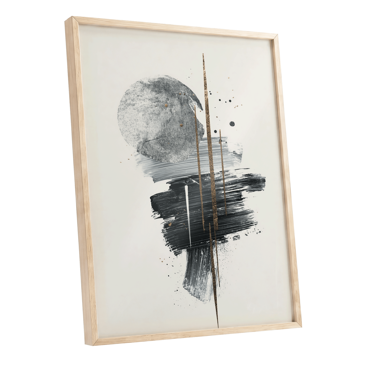Gilded Intersections, black, gray, beige abstract wall art shown as a oak framed poster wall art print