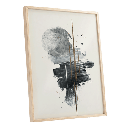 Gilded Intersections, black, gray, beige abstract wall art shown as a oak framed poster wall art print