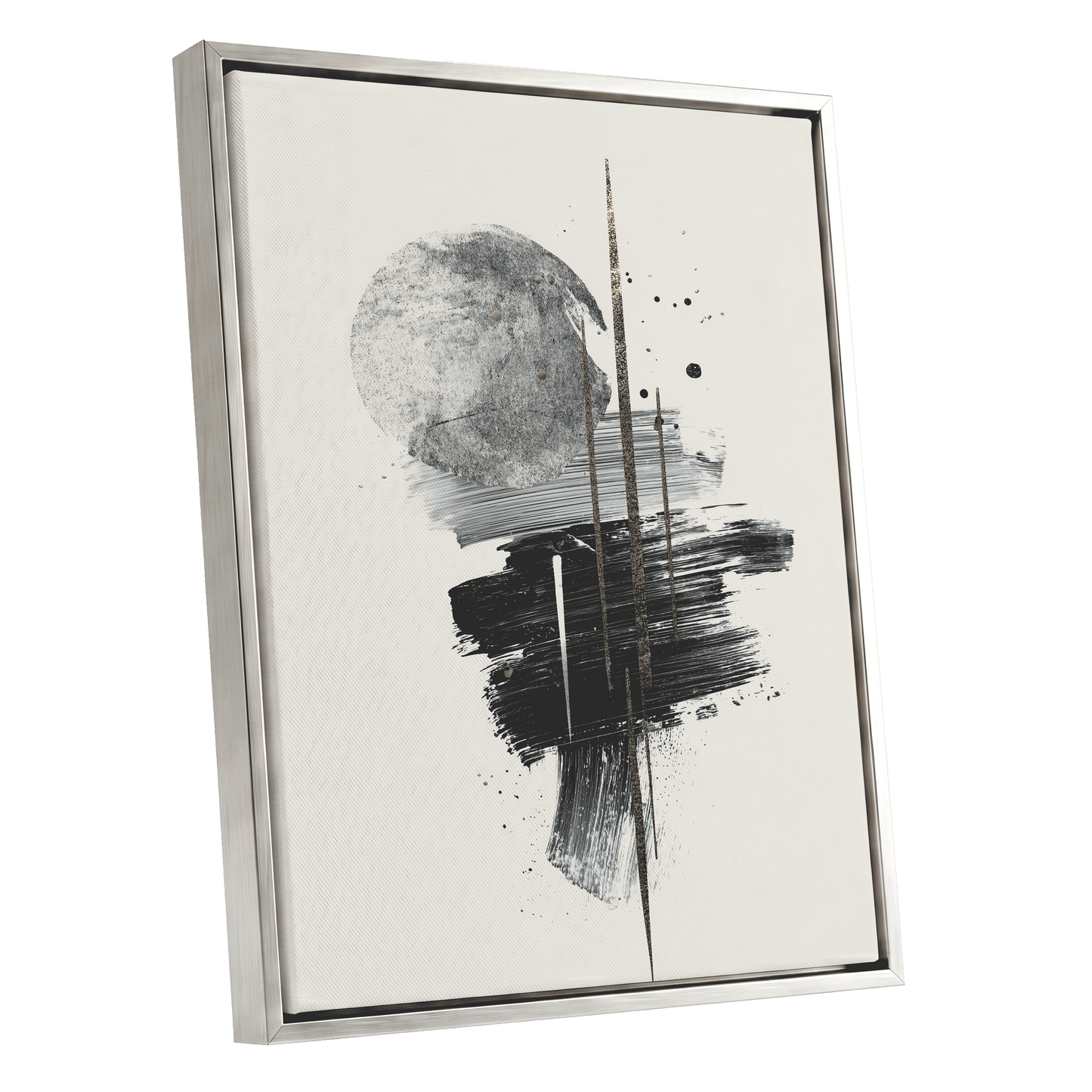 Gilded Intersections, black, gray, beige abstract wall art shown as a silver framed canvas wall art