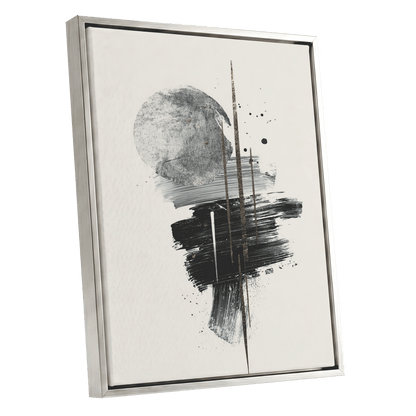 Gilded Intersections, black, gray, beige abstract wall art shown as a silver framed canvas wall art