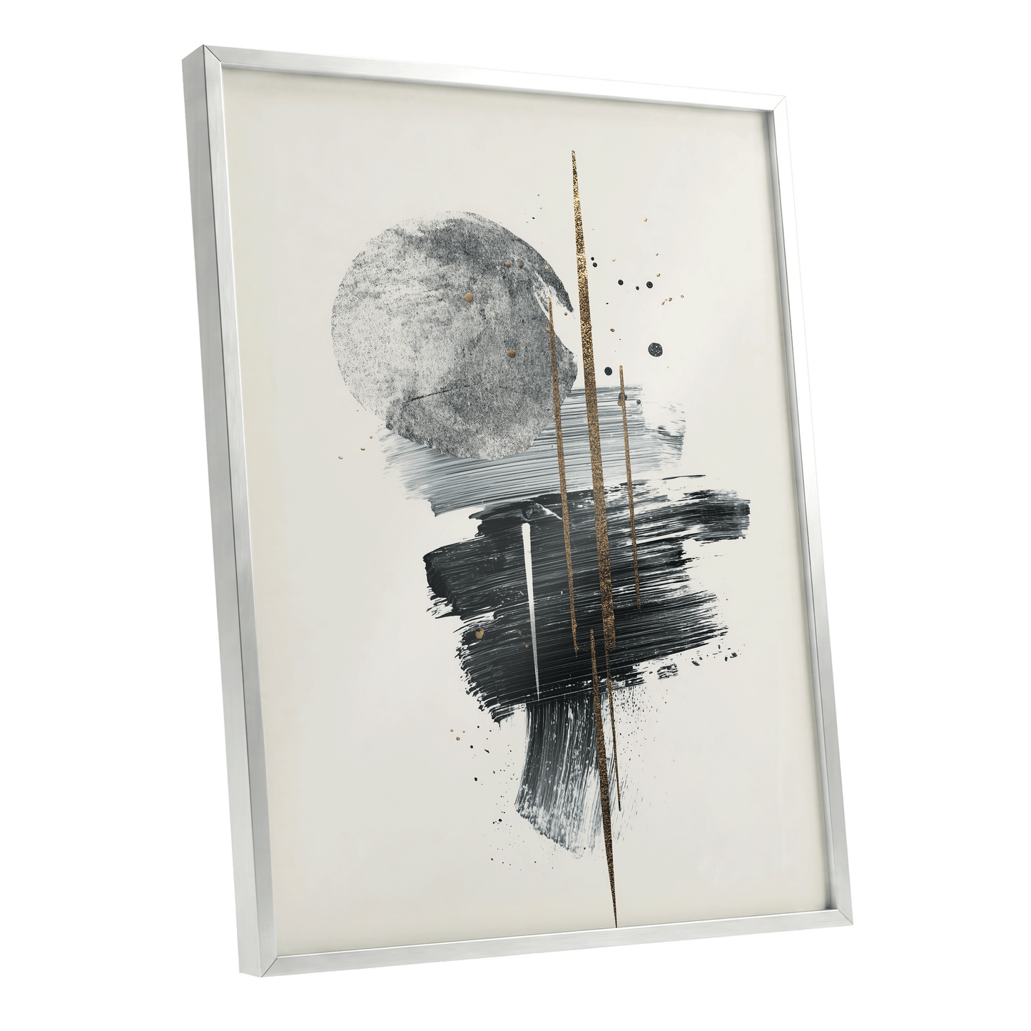 Gilded Intersections, black, gray, beige abstract wall art shown as a silver framed poster wall art print
