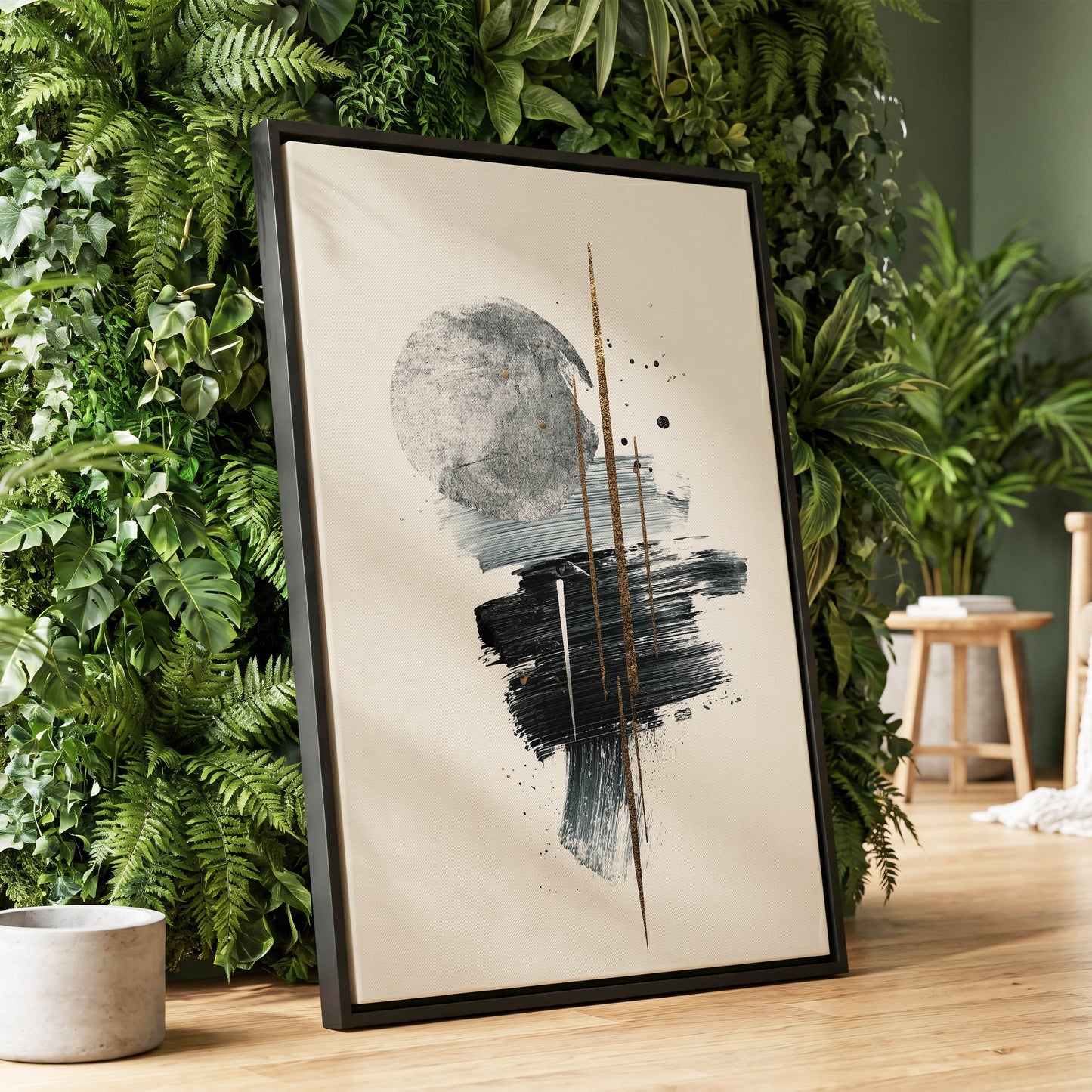 Gilded Intersections, black, gray, beige abstract wall art displayed in a styled interior, gallery view 1