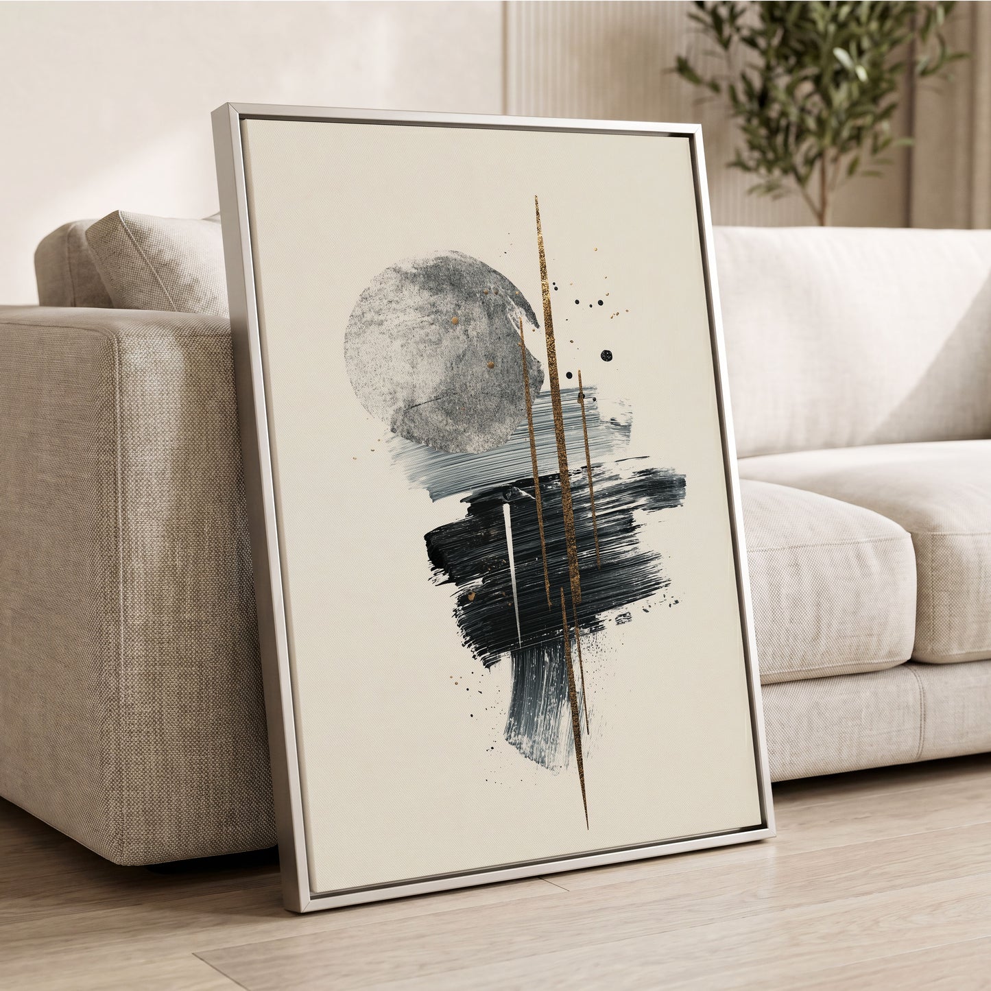 Gilded Intersections, black, gray, beige abstract wall art displayed in a styled interior, gallery view 2