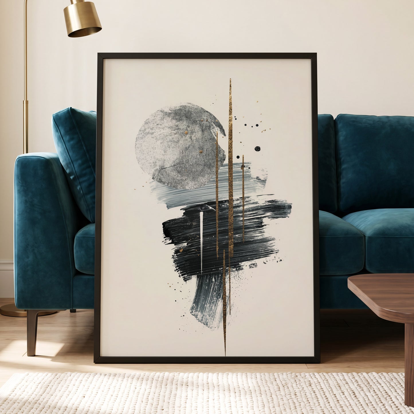 Gilded Intersections, black, gray, beige abstract wall art displayed in a styled interior, gallery view 6
