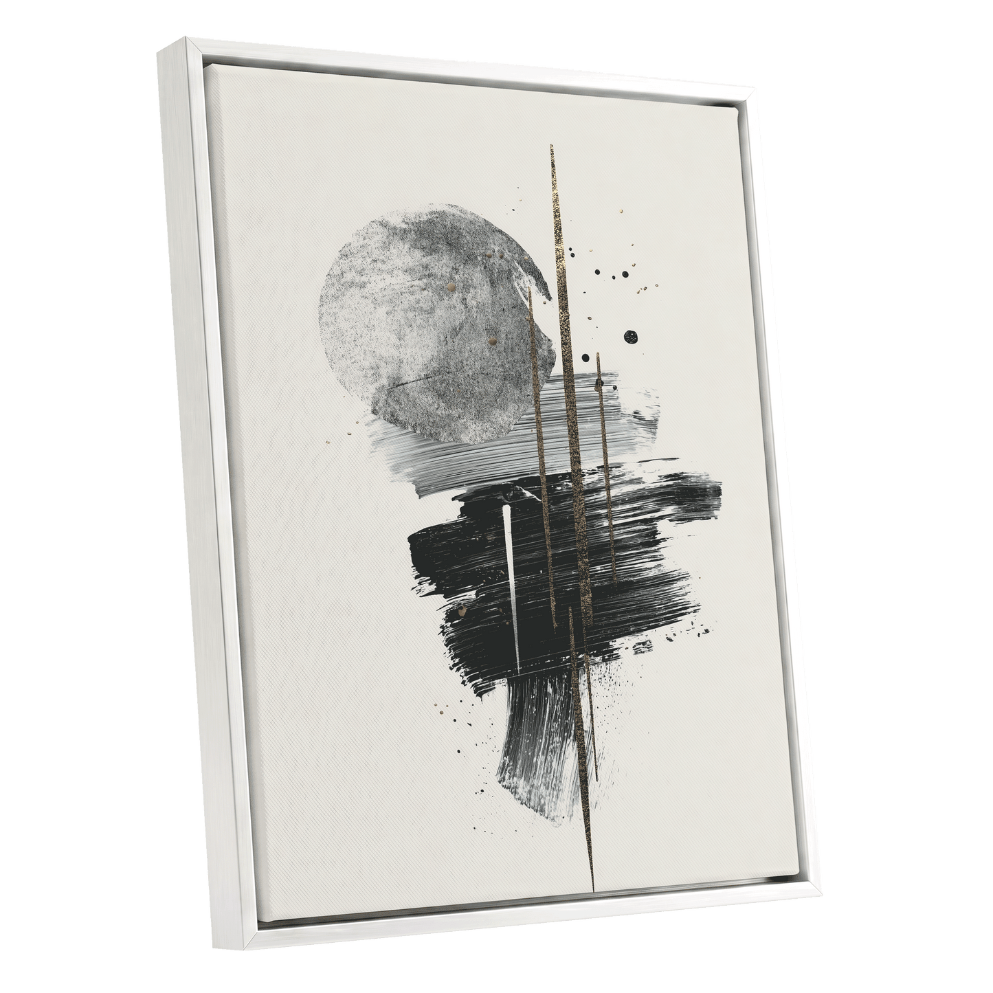Gilded Intersections, black, gray, beige abstract wall art shown as a white framed canvas wall art