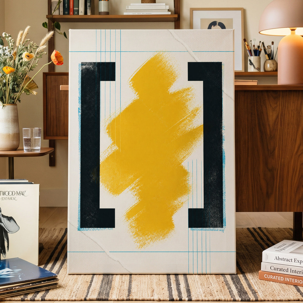 Gilded Interval, gold, black, beige abstract wall art on canvas displayed in a styled interior, gallery view 1
