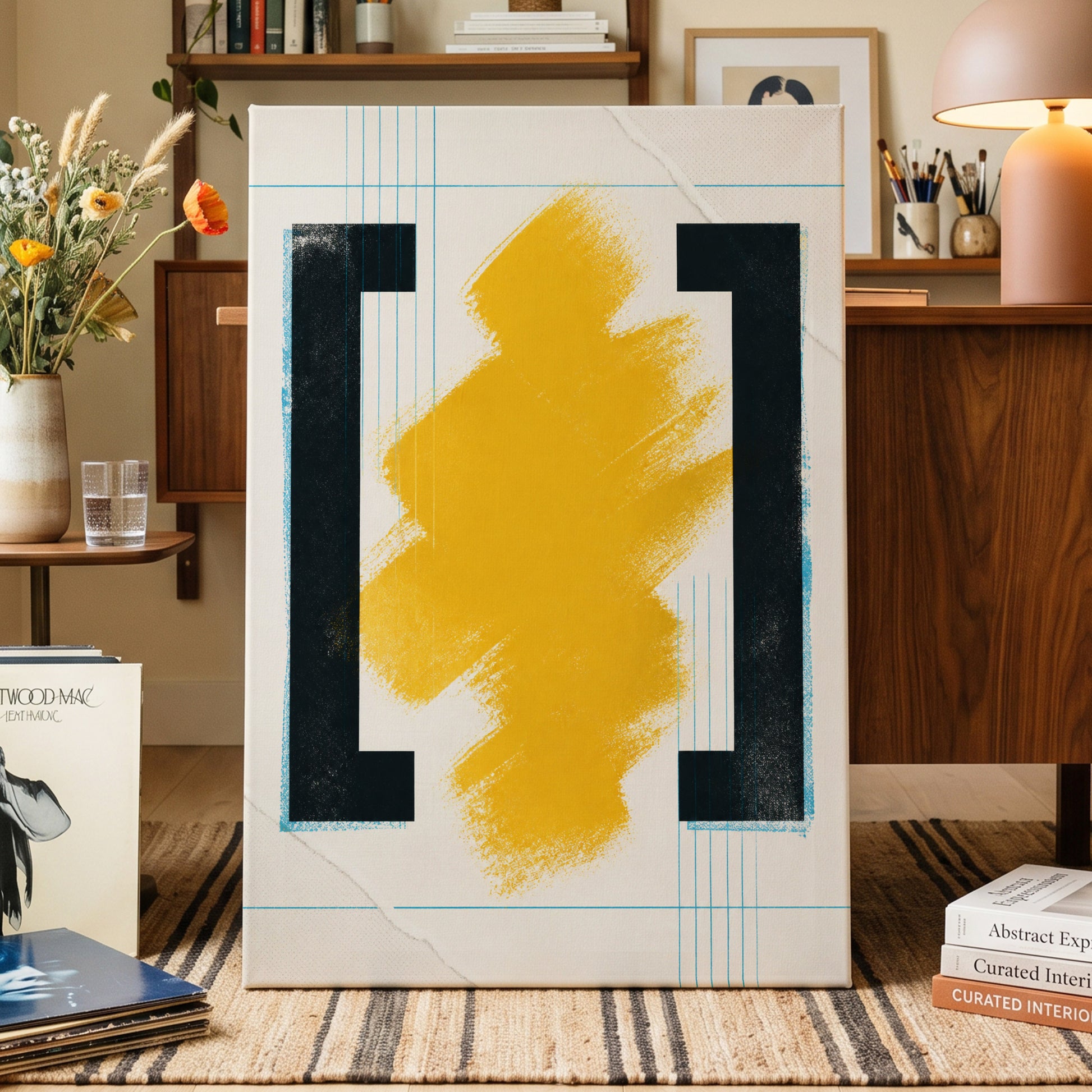 Gilded Interval, gold, black, beige abstract wall art on canvas displayed in a styled interior, gallery view 1
