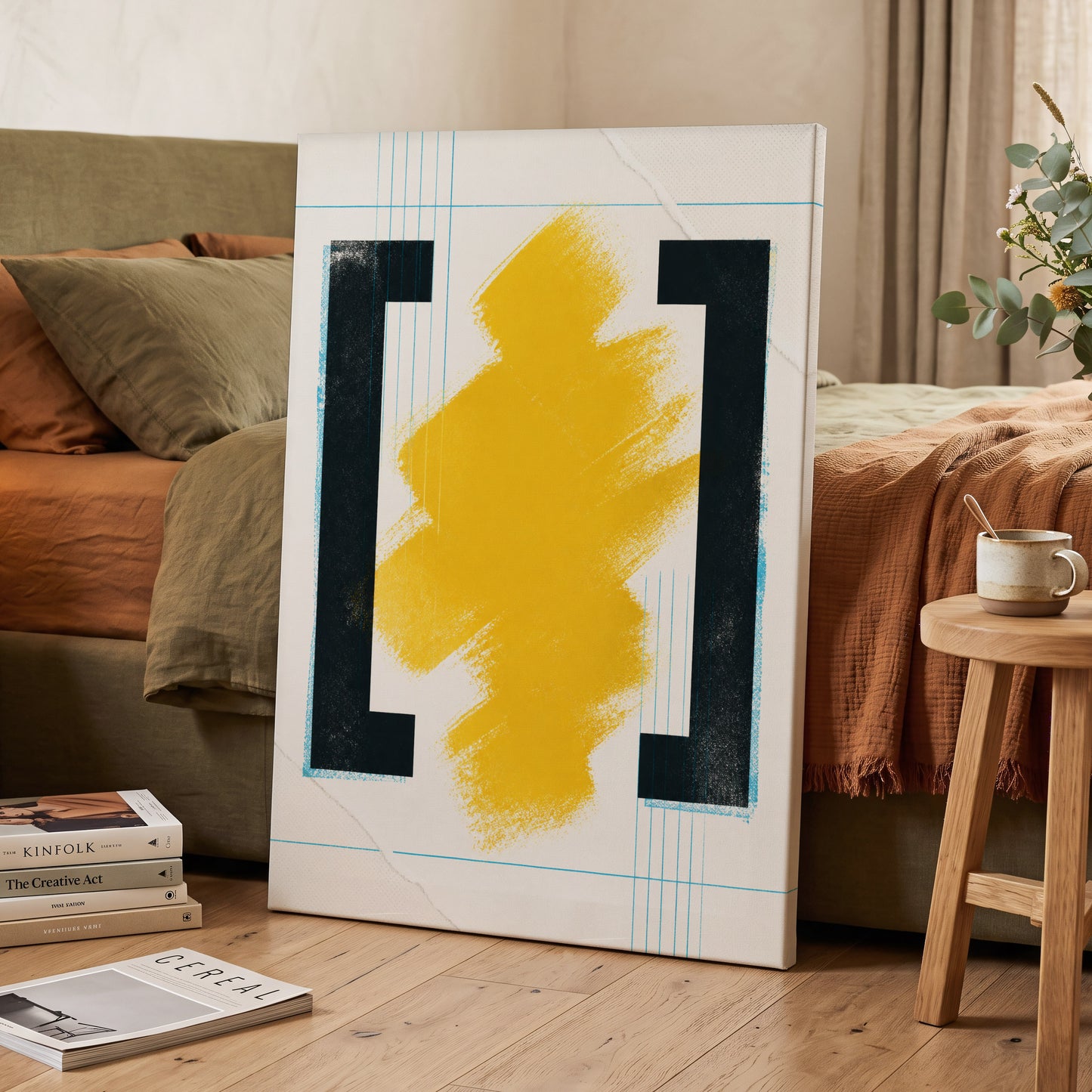 Gilded Interval, gold, black, beige abstract wall art on canvas displayed in a styled interior, gallery view 2