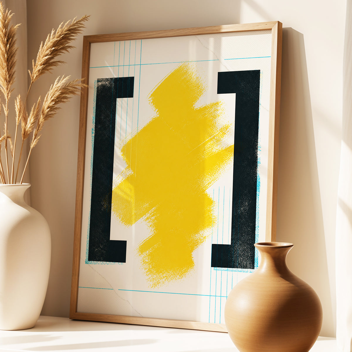 Gilded Interval, gold, black, beige abstract wall art displayed in a styled interior, gallery view 1