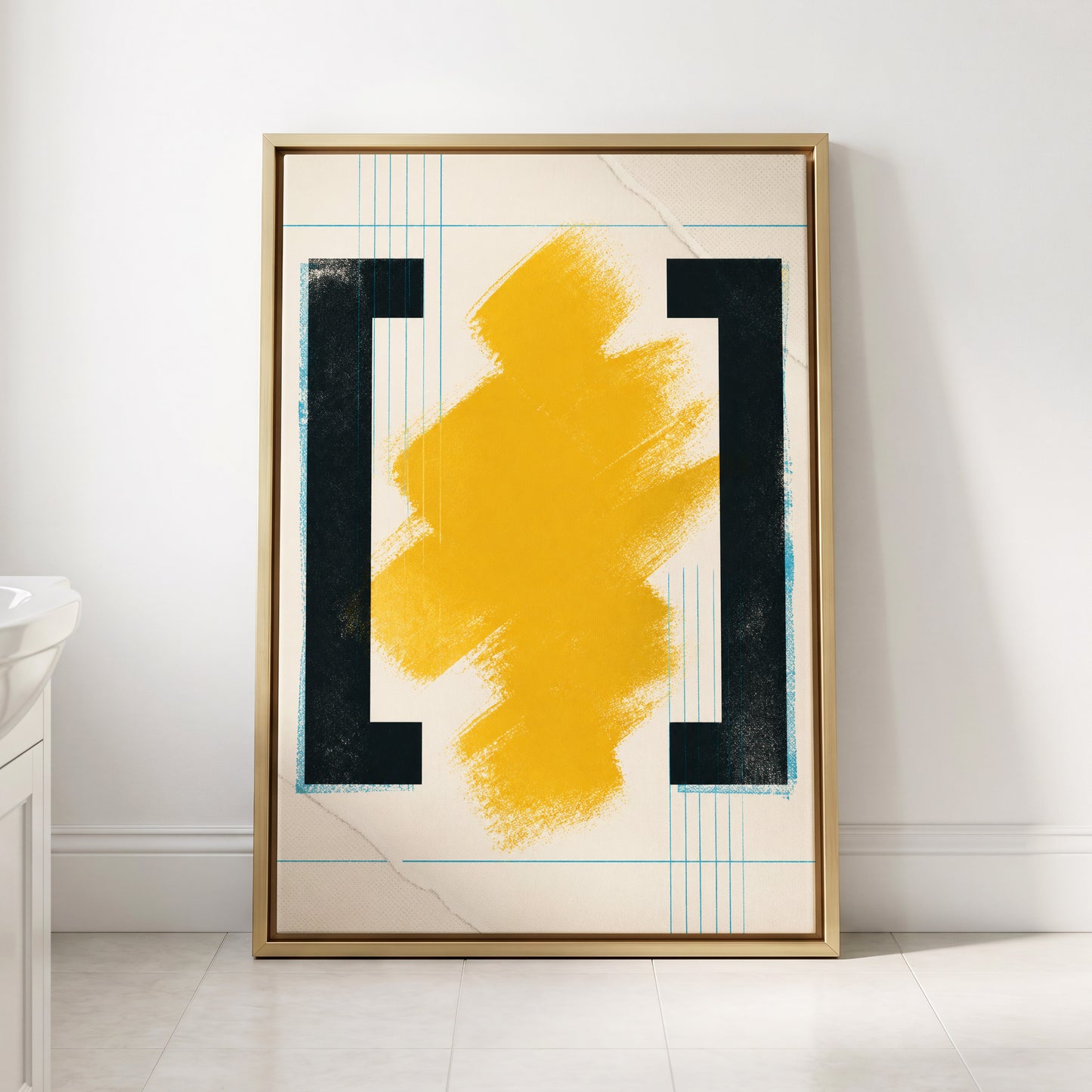 Gilded Interval, gold, black, beige abstract wall art displayed in a styled interior, gallery view 2