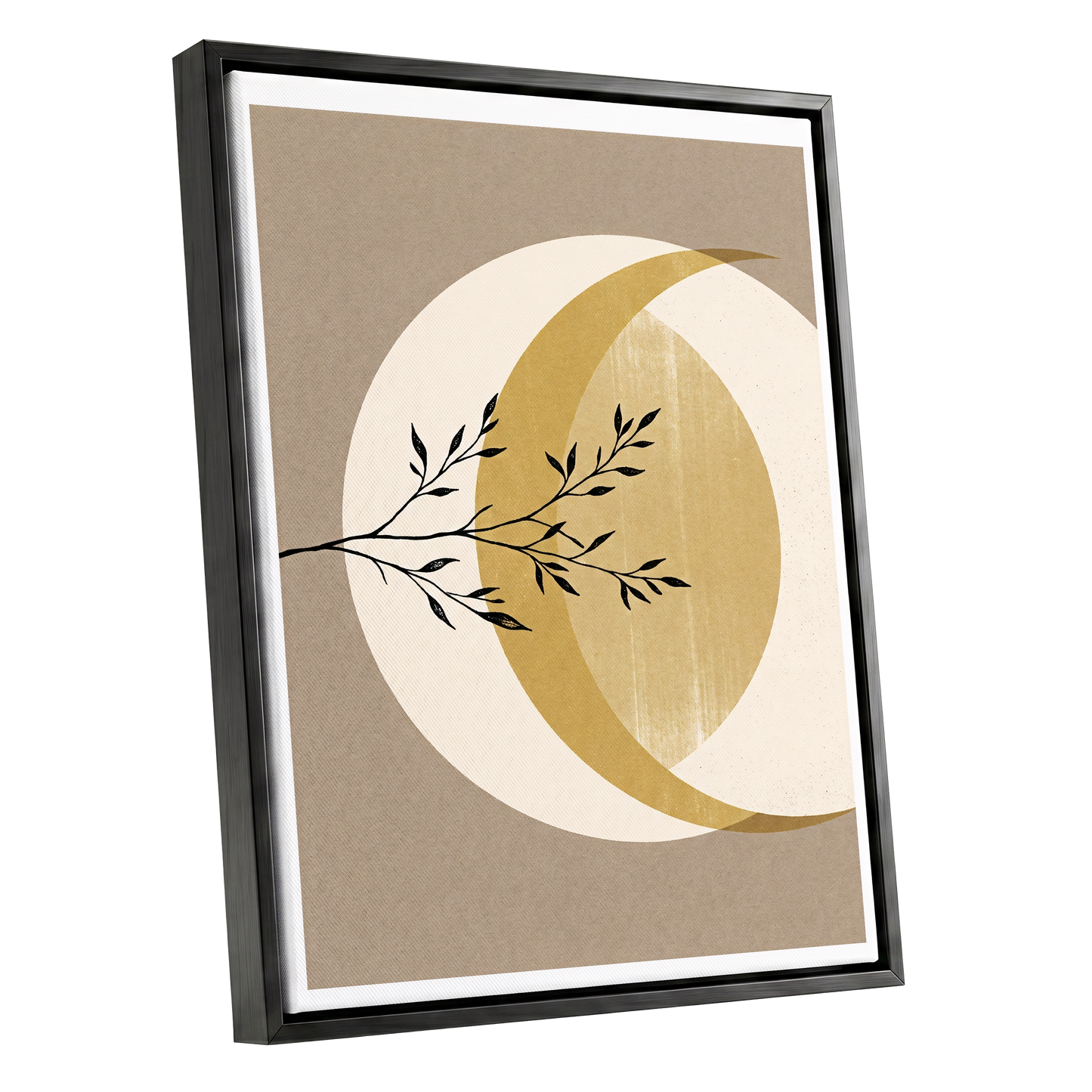 Gilded Lunar Branch, beige, gold, black nature wall art shown as a black framed canvas wall art