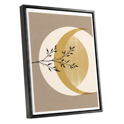 Gilded Lunar Branch, beige, gold, black nature wall art shown as a black framed canvas wall art