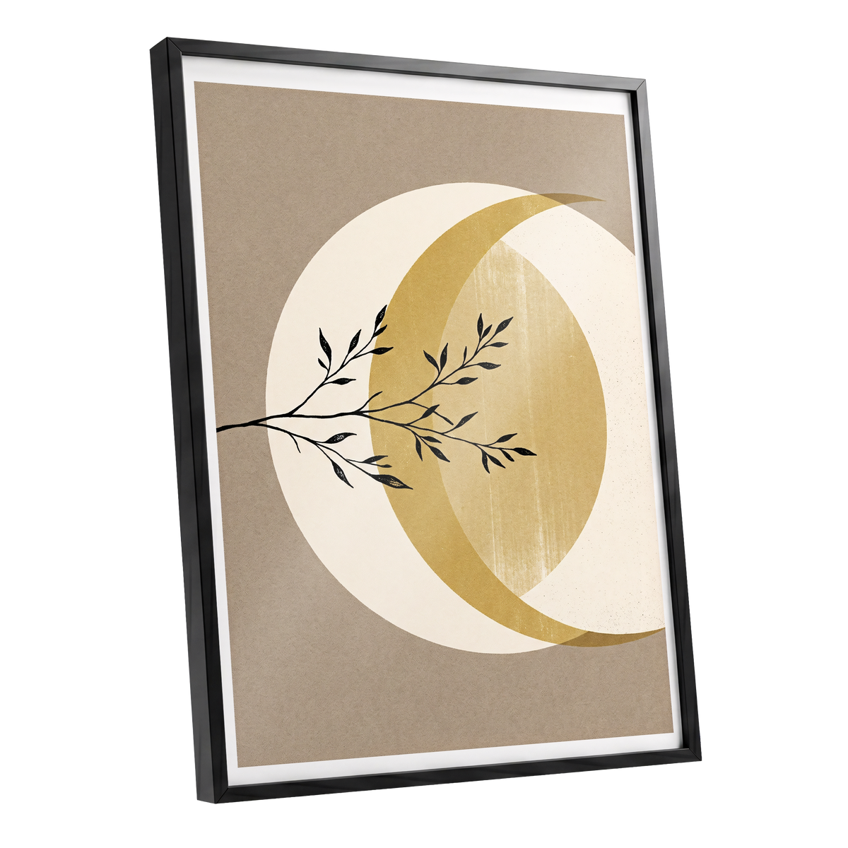 Gilded Lunar Branch, beige, gold, black nature wall art shown as a black framed poster wall art print