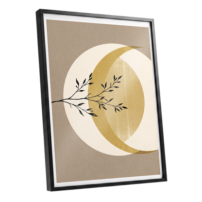 Gilded Lunar Branch, beige, gold, black nature wall art shown as a black framed poster wall art print