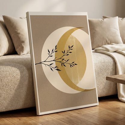 Gilded Lunar Branch, beige, gold, black nature wall art on canvas displayed in a styled interior, gallery view 1