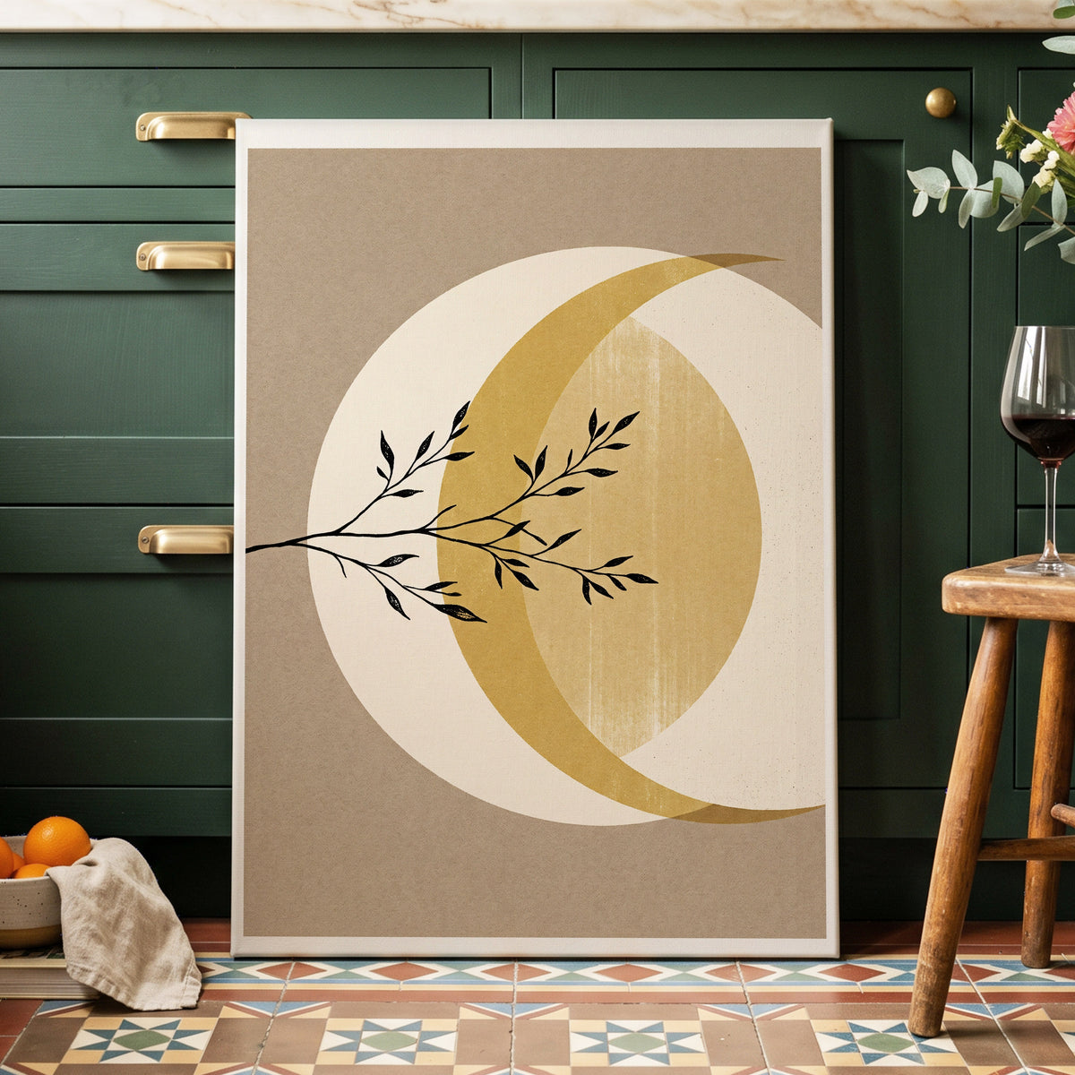 Gilded Lunar Branch, beige, gold, black nature wall art on canvas displayed in a styled interior, gallery view 2