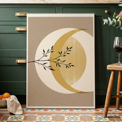 Gilded Lunar Branch, beige, gold, black nature wall art on canvas displayed in a styled interior, gallery view 2
