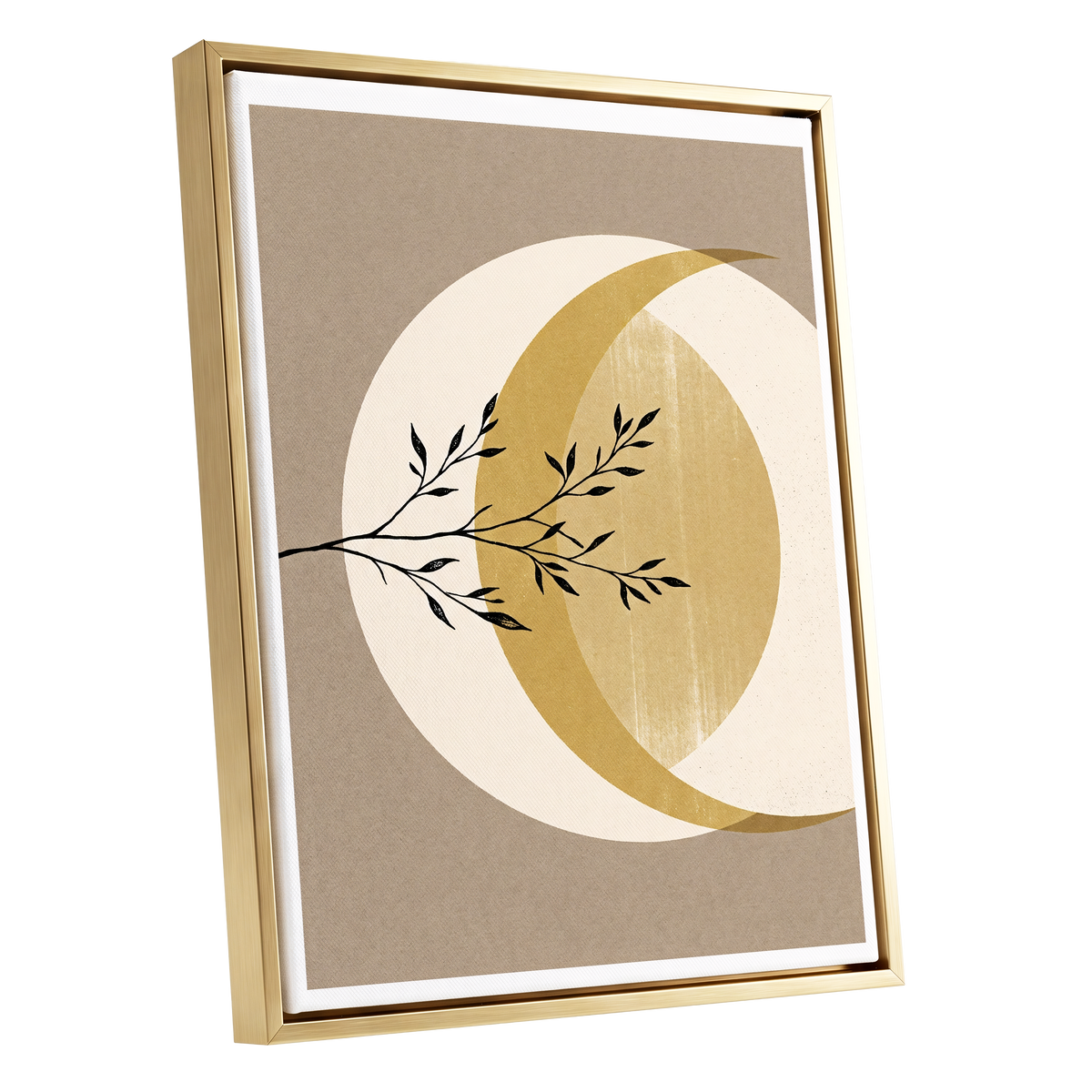 Gilded Lunar Branch, beige, gold, black nature wall art shown as a gold framed canvas wall art