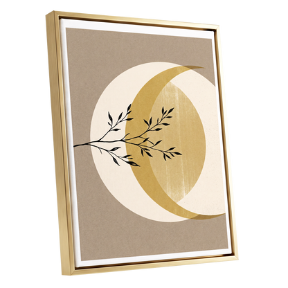 Gilded Lunar Branch, beige, gold, black nature wall art shown as a gold framed canvas wall art