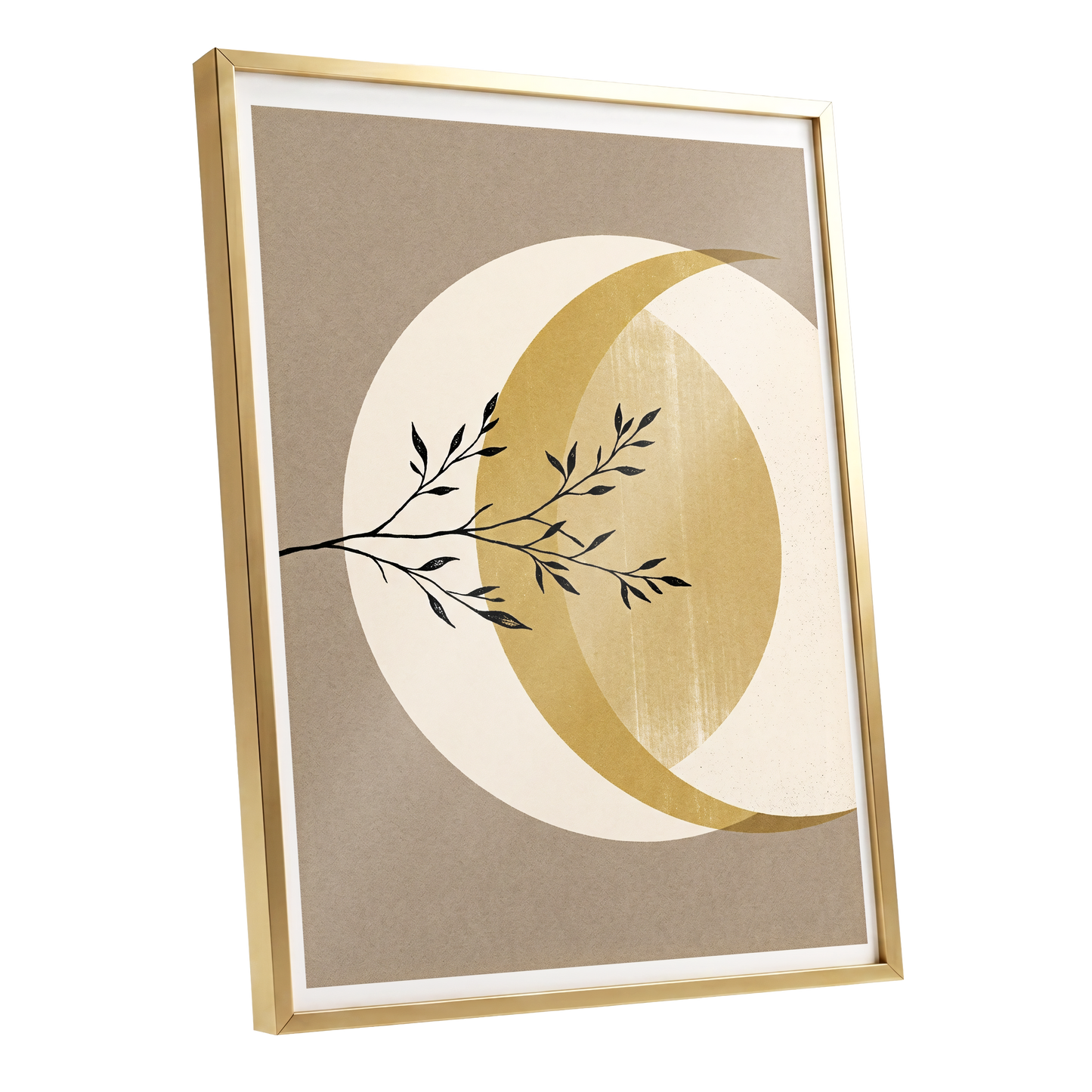 Gilded Lunar Branch, beige, gold, black nature wall art shown as a gold framed poster wall art print