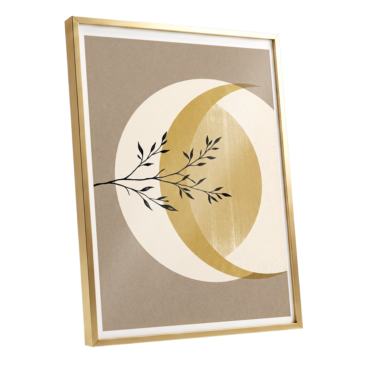 Gilded Lunar Branch, beige, gold, black nature wall art shown as a gold framed poster wall art print