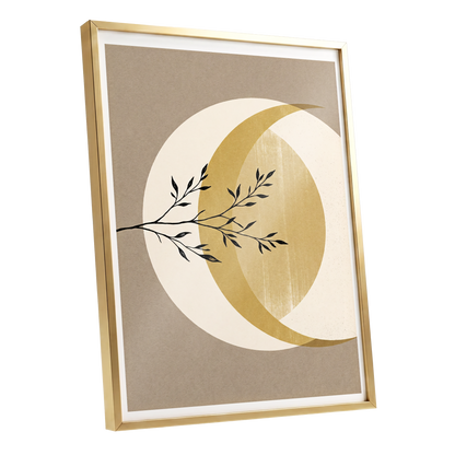 Gilded Lunar Branch, beige, gold, black nature wall art shown as a gold framed poster wall art print