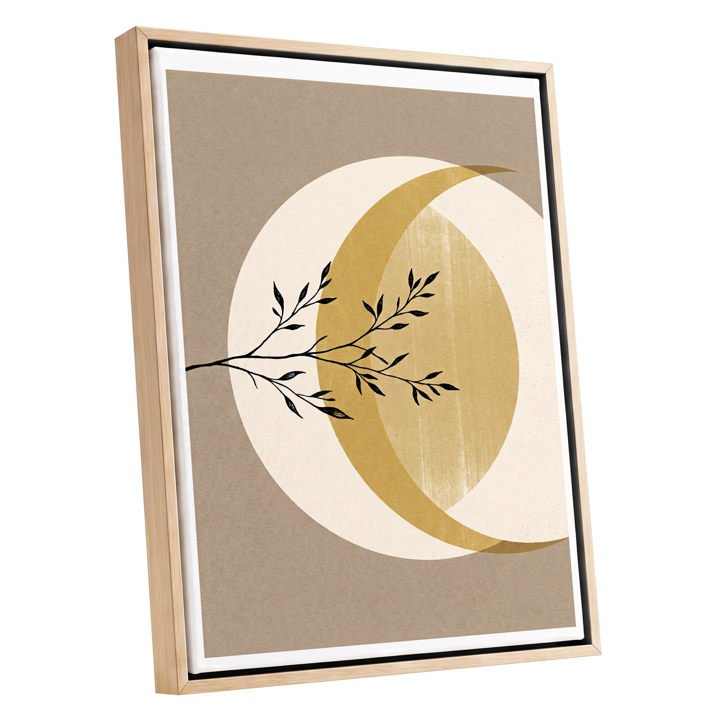 Gilded Lunar Branch, beige, gold, black nature wall art shown as a oak framed canvas wall art