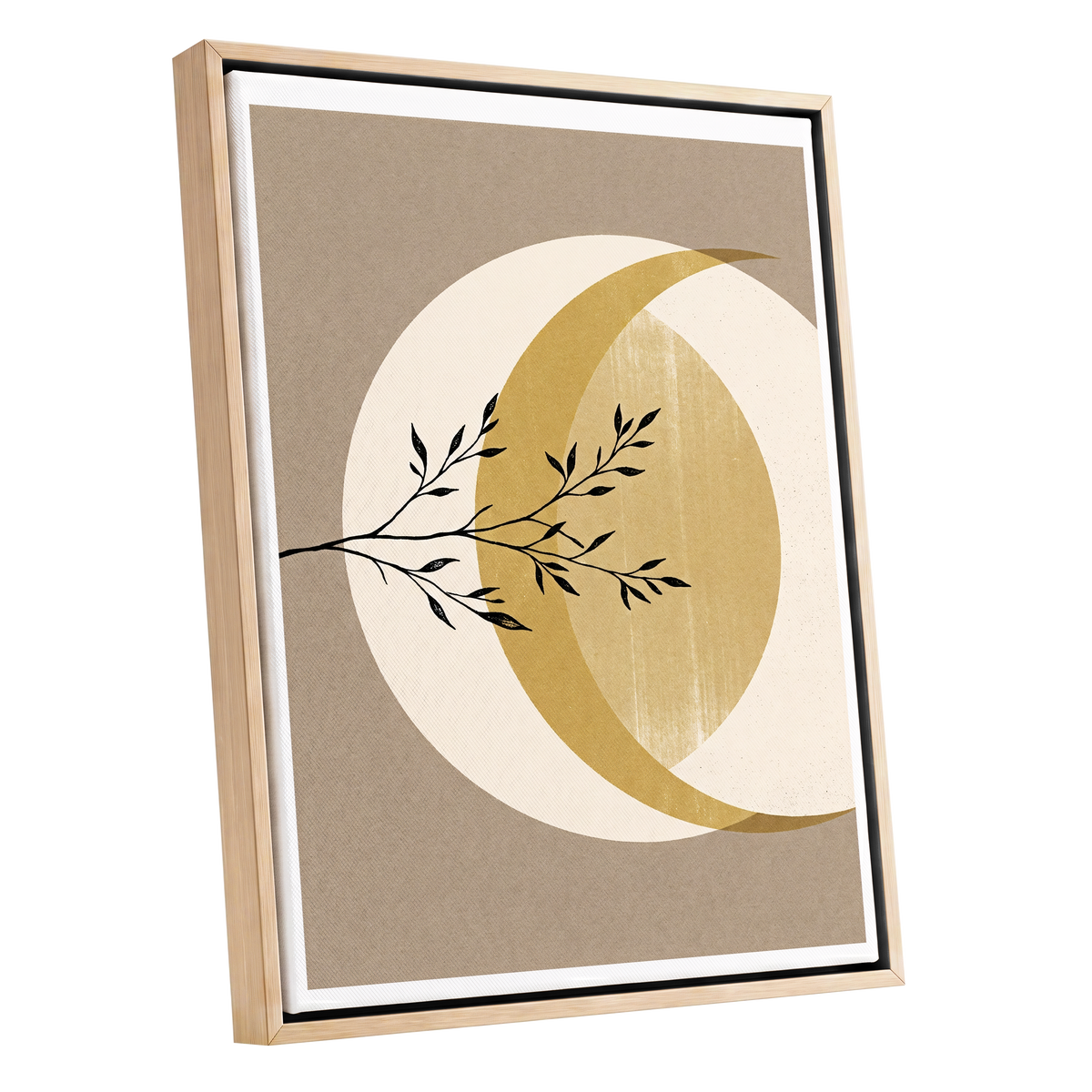 Gilded Lunar Branch, beige, gold, black nature wall art shown as a oak framed canvas wall art