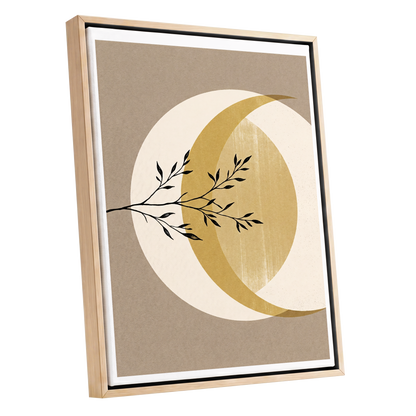 Gilded Lunar Branch, beige, gold, black nature wall art shown as a oak framed canvas wall art