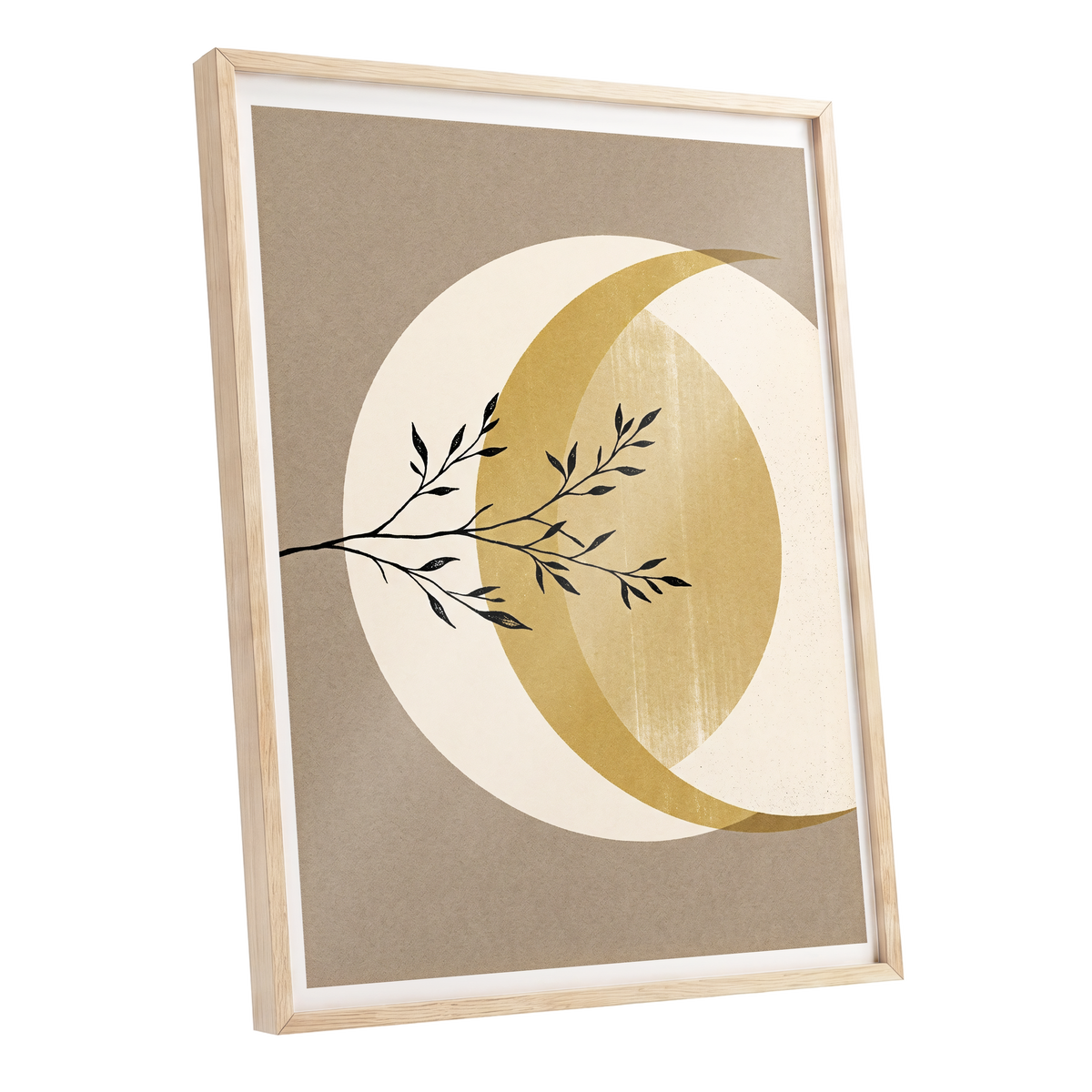 Gilded Lunar Branch, beige, gold, black nature wall art shown as a oak framed poster wall art print