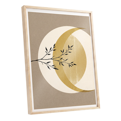 Gilded Lunar Branch, beige, gold, black nature wall art shown as a oak framed poster wall art print